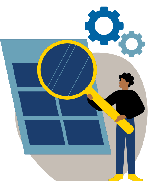 Review graphic of person holding magnifying glass reviewing documents